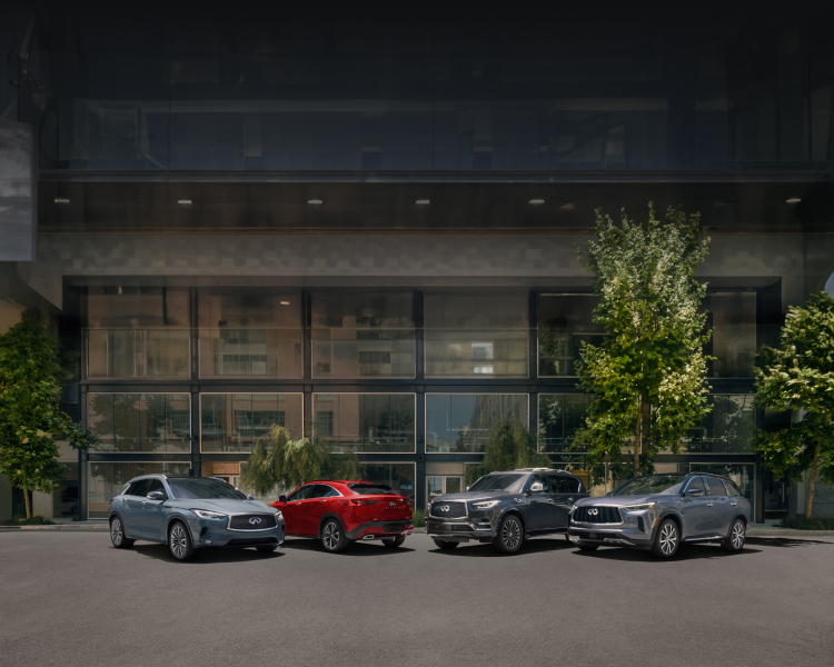 INFINITI luxury SUV model lineup parked highlighting the QX50, QX55, QX60, and QX80 models