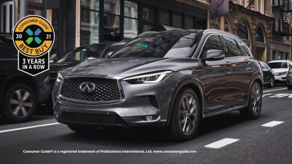 2021 INFINITI QX50 Wins Consumer Guide's Best Buy Award | Driver side profile of 2021 QX50 driving on road