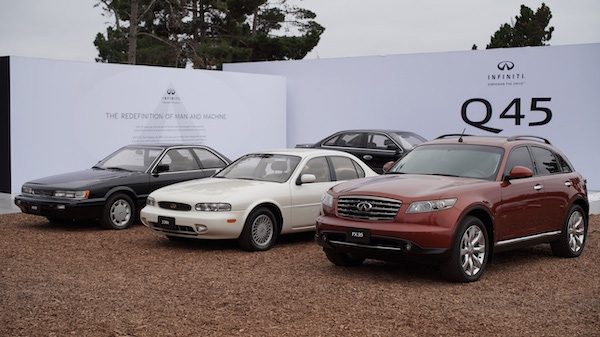 Image of INFINITI legacy model lineup featuring the INFINITI FX35, M30, and Q45 models