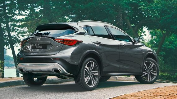 Rear Profile View Of 2019 INFINITI QX30 Crossover Parked Highlighting Rear Tail Lights And QX30 Dual Exhaust