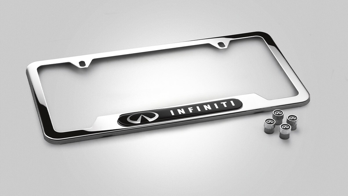 OEM License Plate Frame /& Valve Stem Caps with Infiniti Logo Kit for Infiniti