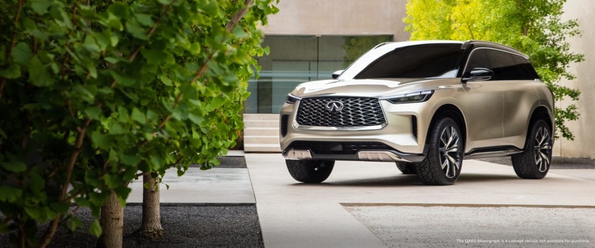 Front profile view of 2020 INFINITI QX60 Monograph highlighting LED headlights and grille