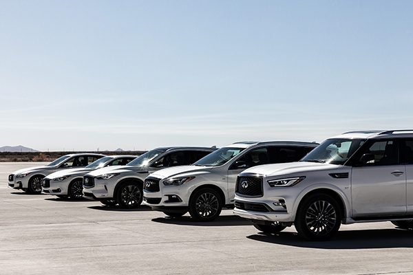 INFINITI at Spaceport America in New Mexico 30th Anniversary | Side Profile View of 2020 INFINITI Luxury Vehicle Lineup