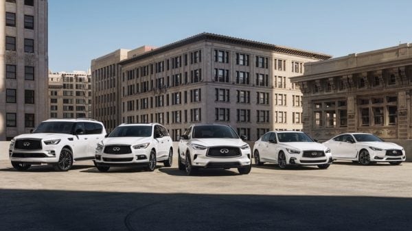 2020 INFINITI EDITION 30 Vehicle Lineup | Front profile of the 2020 QX80, QX50, QX50, Q50, and Q60 in the EDITION 30 trim