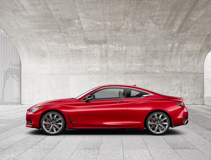 Side profile of Dynamic Sunstone Red 2022 INFINITI Q60 Luxury Coupe