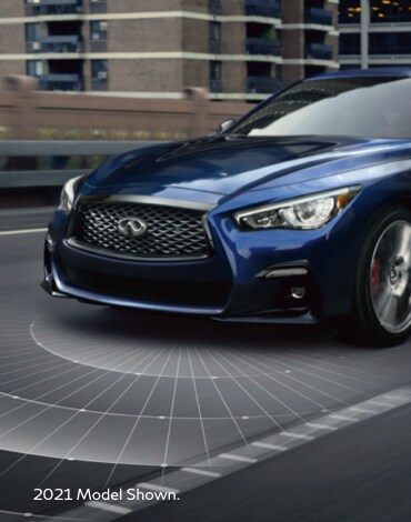 Front profile of 2022 INFINITI Q50 Luxury Sedan highlighting driver assistance feature
