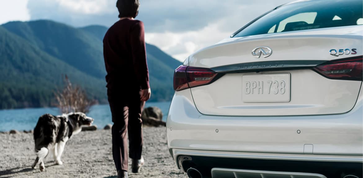 Rear profile view of a man and his dog standing beside the 2023 INFINITI Q50