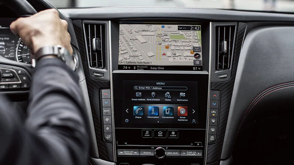 Interior view of 2023 INFINITI Q50's InTouch infotainment screen highlighting Apple CarPlay