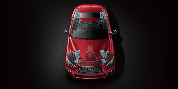 Overhead view of a 2024 Q50 illustration highlighting internal technology and features