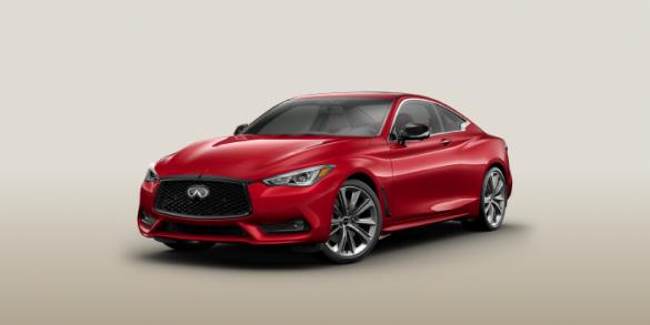 Passenger side profile view of a red 2022 INFINITI Q60 Coupe's exterior
