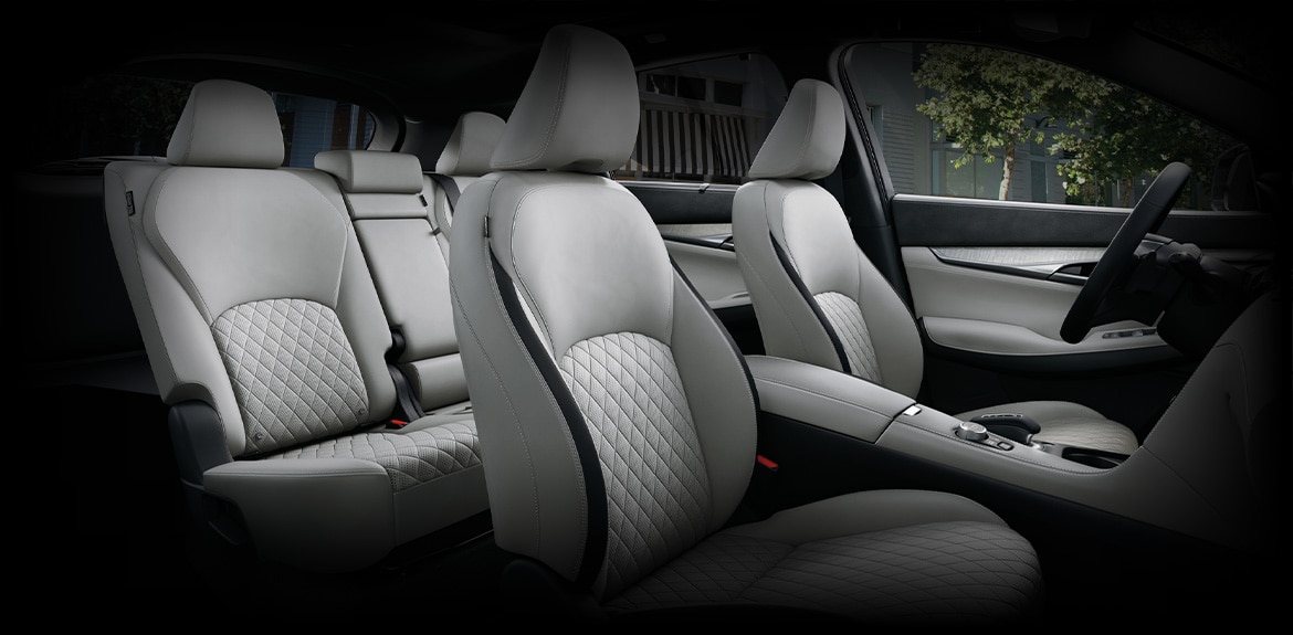 Interior view of 2023 INFINITI QX50 seating capacity showing front and back seats