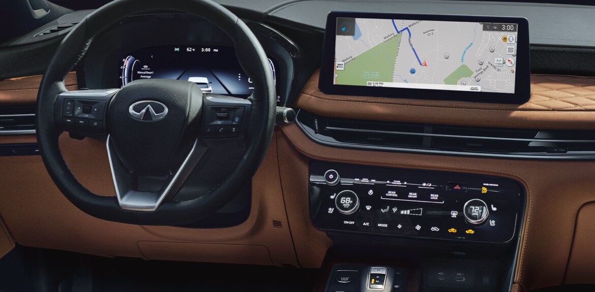 Interior view of 2022 INFINITI QX60 infotainment screen and center console