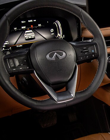 Close up view of 2023 INFINITI QX60 steering wheel