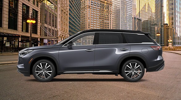 Side profile of 2023 INFINITI QX60 Crossover SUV in Moonbow Blue color