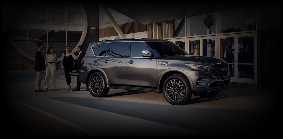 Side profile of 2022 INFINITI QX80 highlighting safety and driver assistance technology