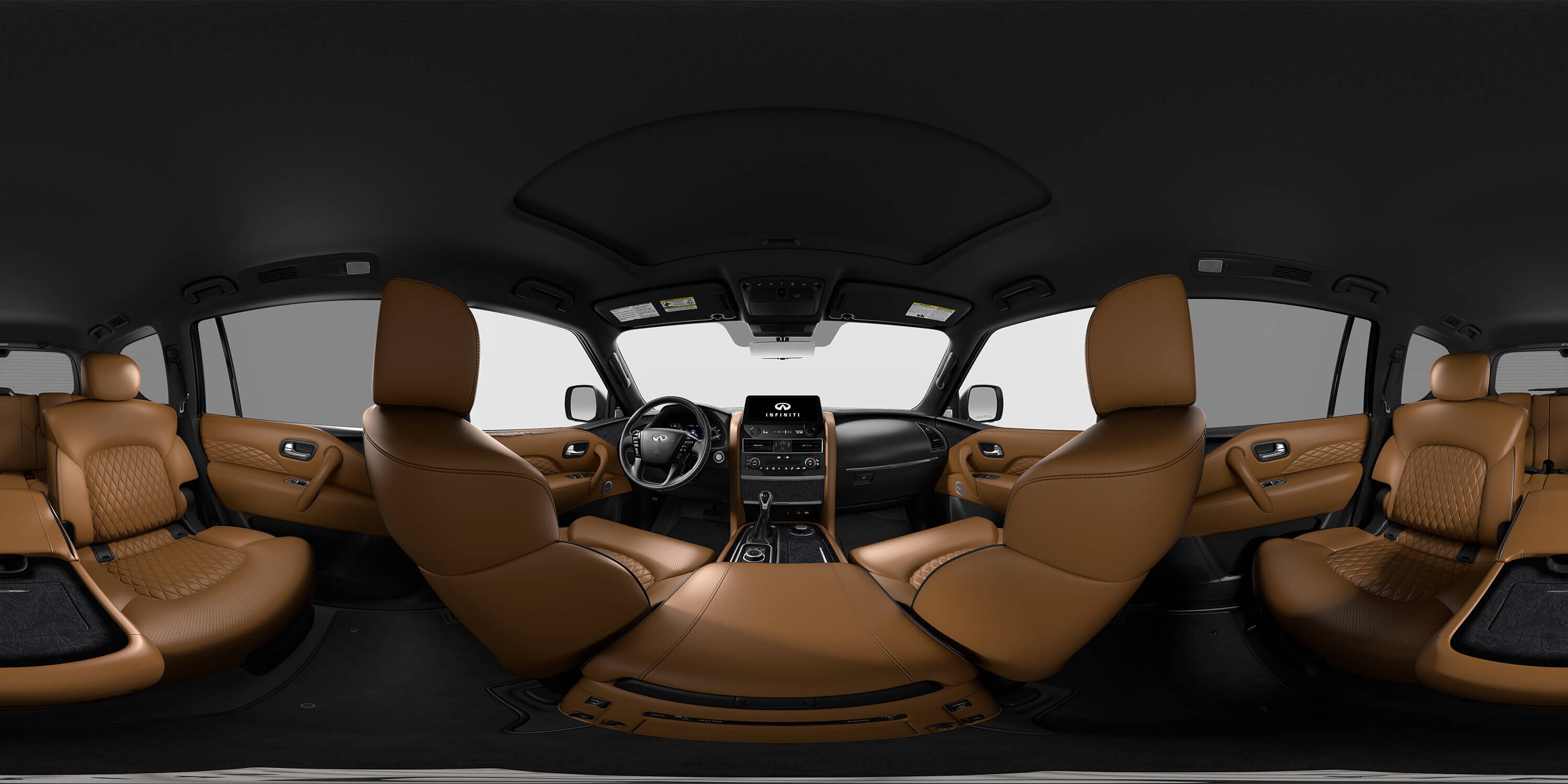2022 QX80 with Saddle Brown Quilted Semi-Aniline Leather-Appointed Seating with Charcoal Burl Trim with gradient finish