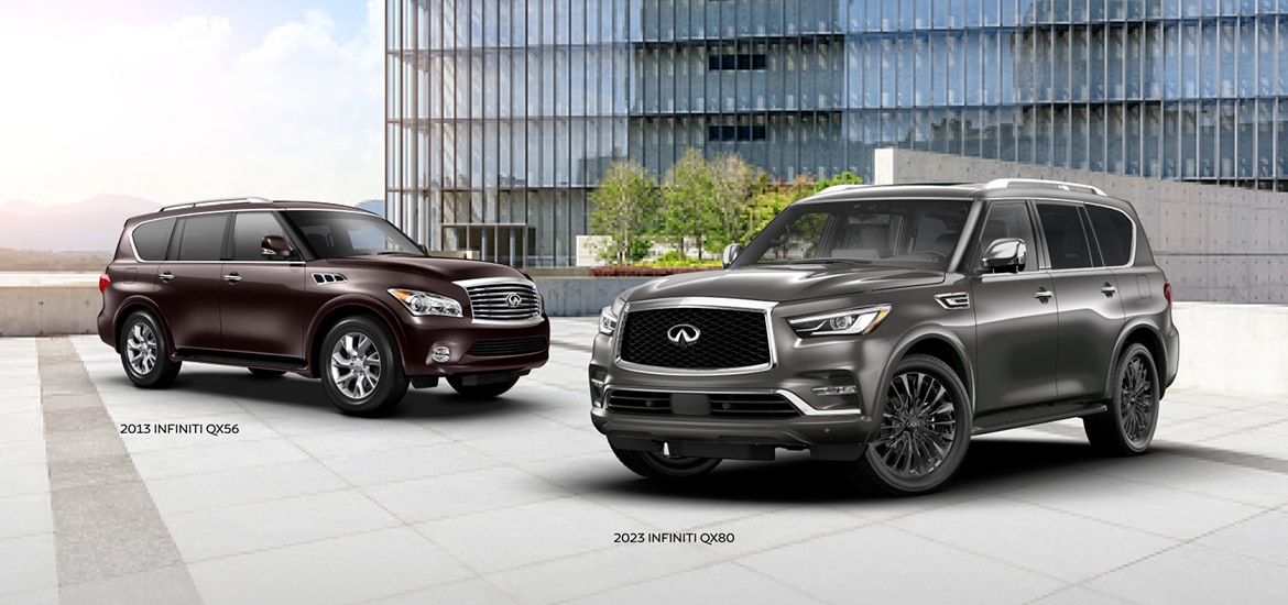 INFINITI QX56 and QX80 luxury SUVs facing each other