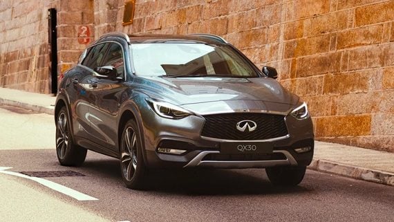 Front Profile View Of 2019 INFINITI QX30 Crossover Highlighting Roof Rail Accessory