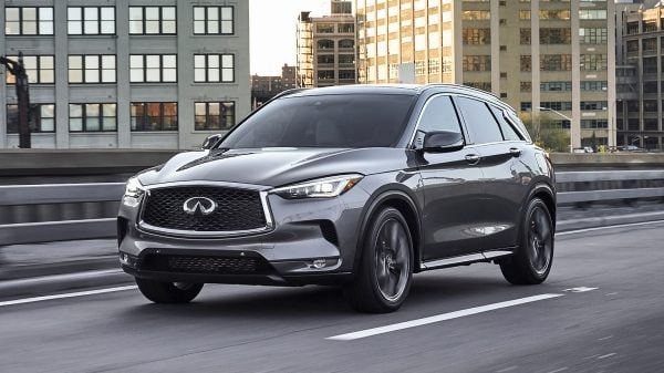 Front Profile View Of 2020 INFINITI QX50 Exterior Shown In Graphite Shadow Color