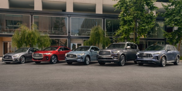 INFINITI luxury vehicle model lineup highlighting the Q50, QX50, QX55, QX60 and QX80 models parked
